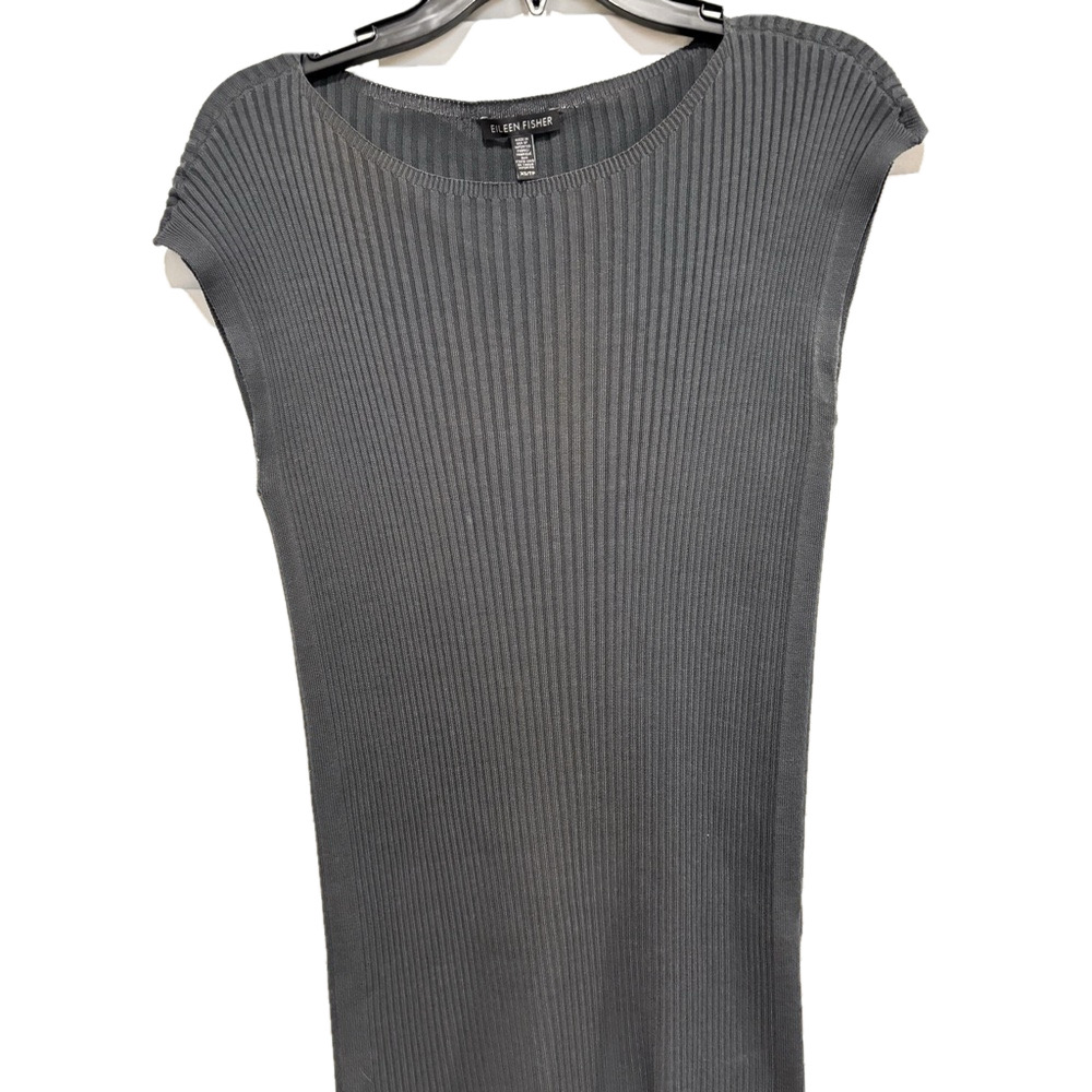 Eileen Fisher Gray Ribbed Knit Tencel Cap Sleeve Boat Neck Tunic Sweater Size XS